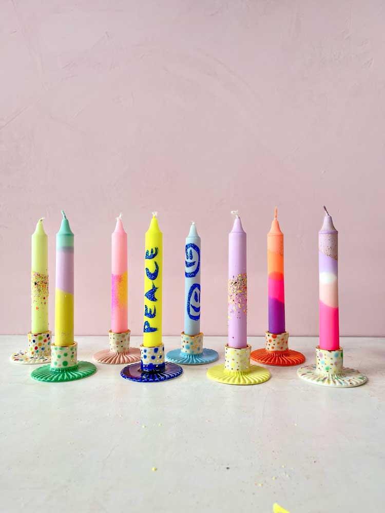 ceramic candlesticks from gallery petz made in porcelain clay with dots and gold