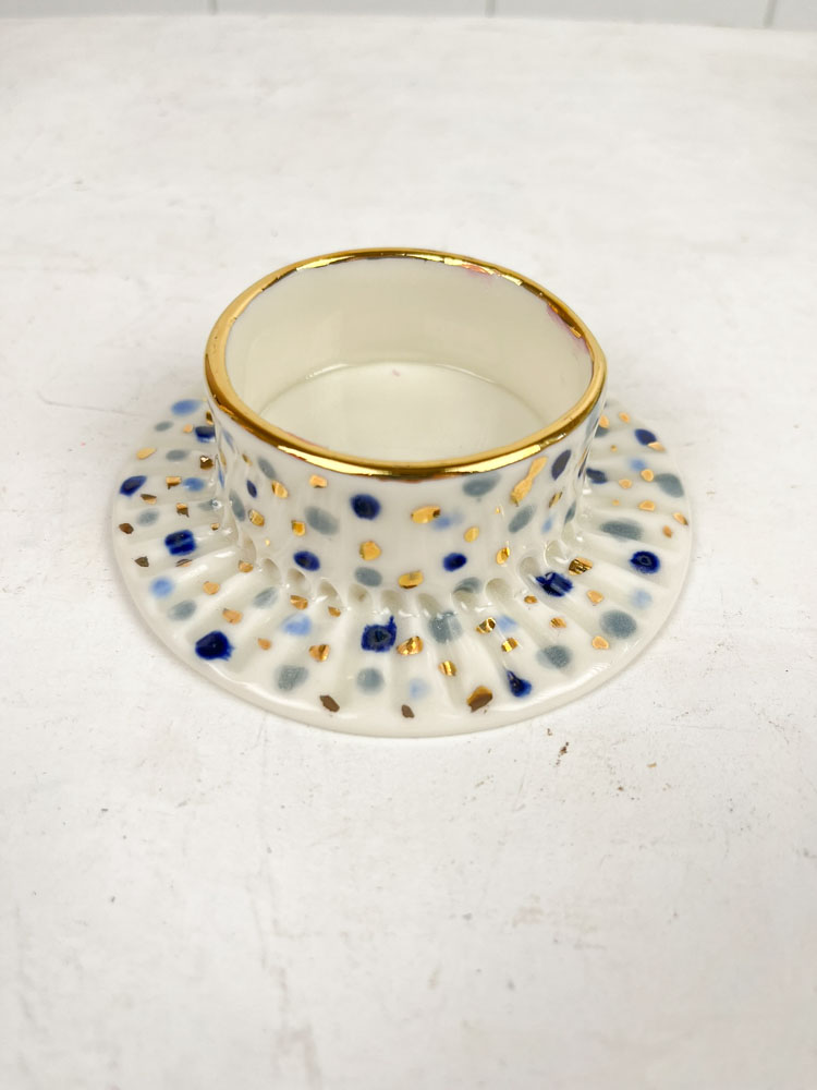 ceramic candlestick block light from gallery petz made of porcelain clay with dots and gold.