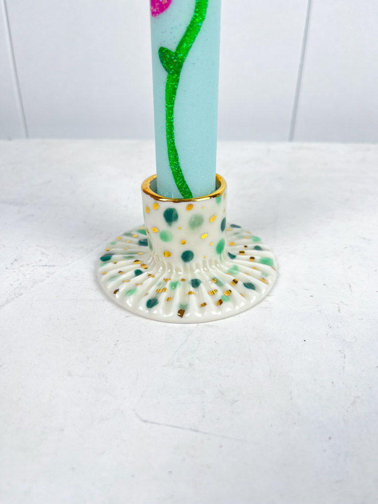 ceramic candlesticks from gallery petz made in porcelain clay with dots and gold