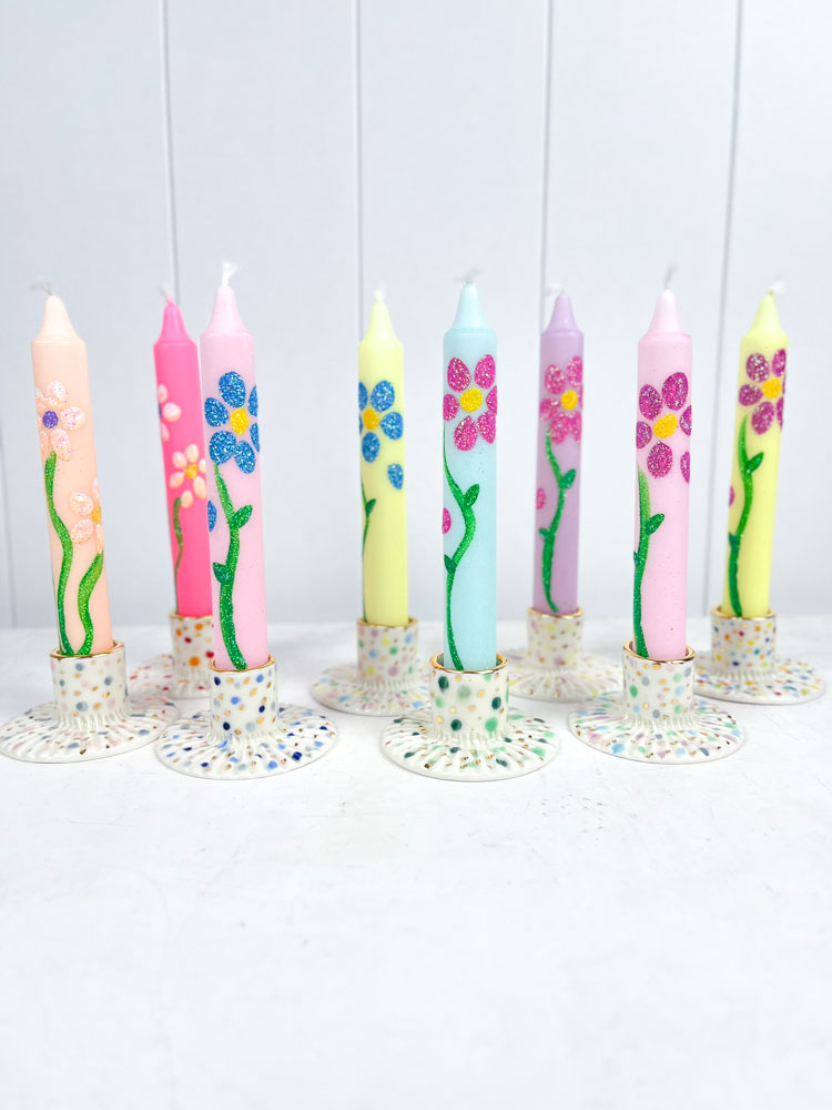 ceramic candlesticks from gallery petz made in porcelain clay with dots and gold