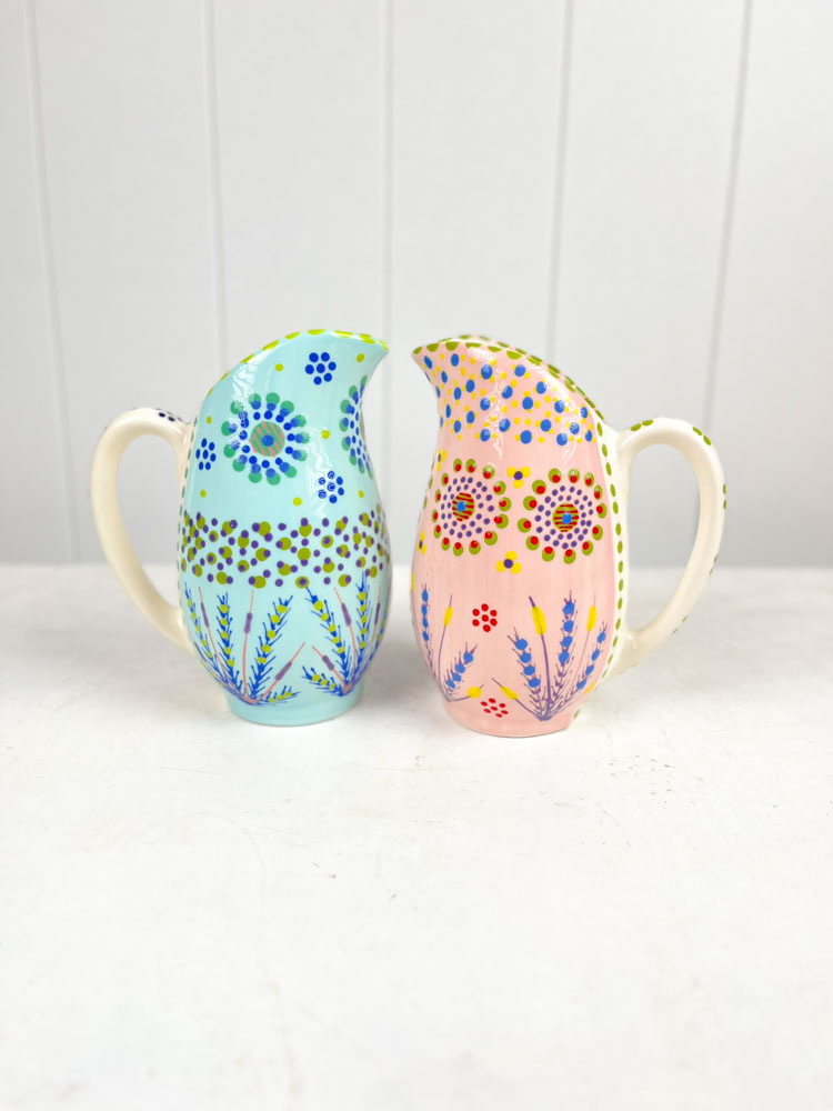 ceramic jug from the potter's work mahaba series in pastel colours with patterns