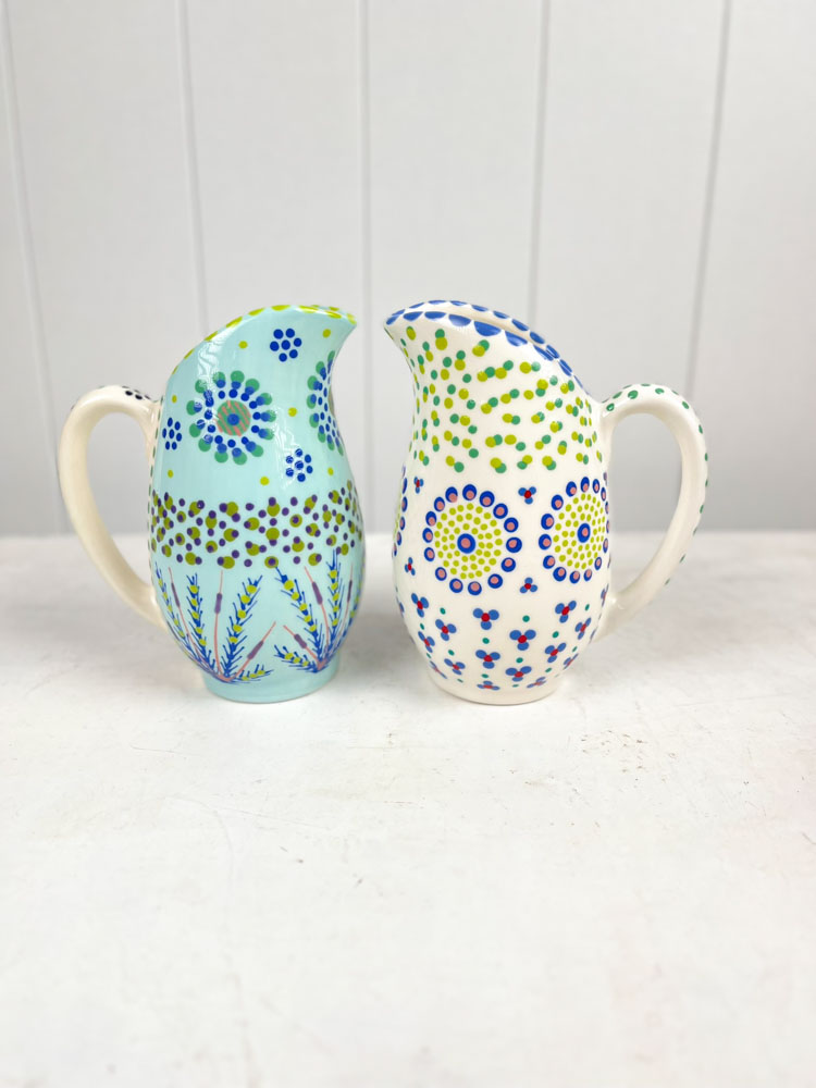 ceramic jug from the potter's work mahaba series in pastel colours with patterns