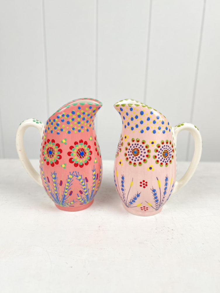 ceramic jug from the potter's work mahaba series in pastel colours with patterns