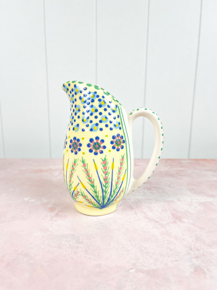ceramic jug from the potter's work mahaba series in pastel colours with patterns