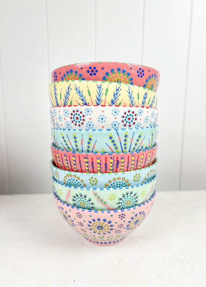 ceramic bowl from the potter's work mahaba series in pastel colours with patterns