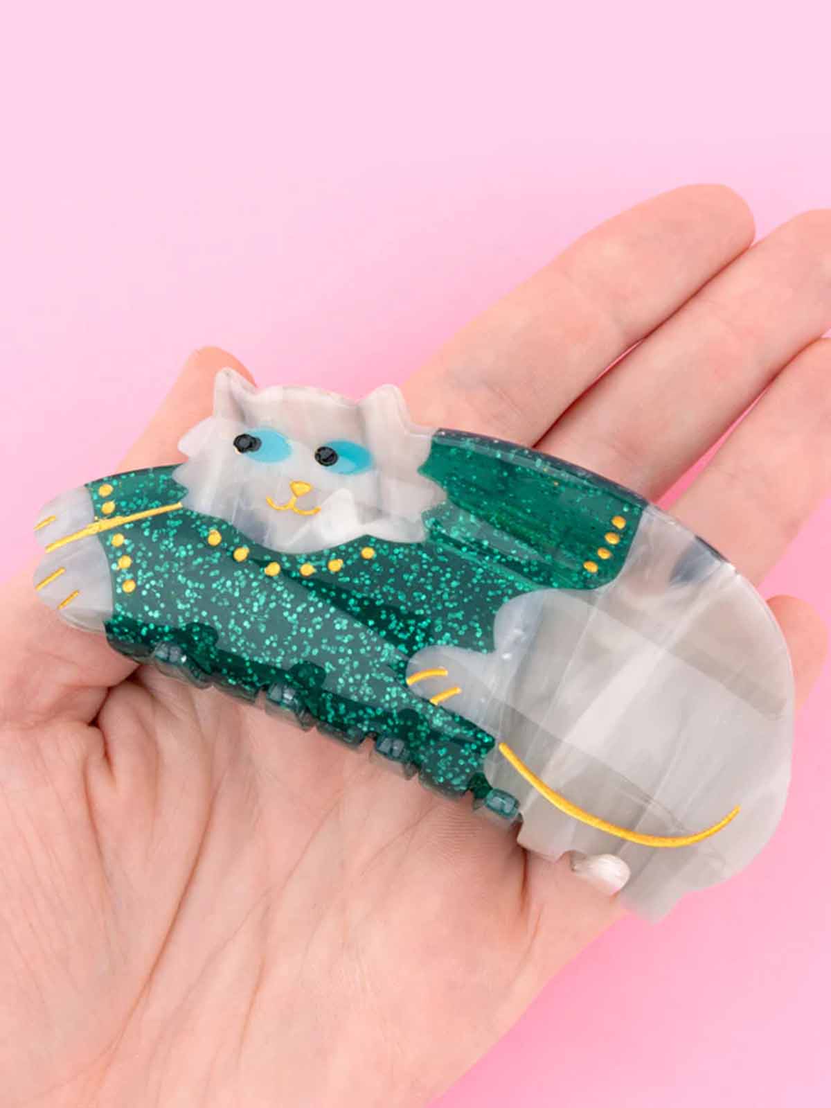 cou cou suzette hair clip grey cat with green sweater
