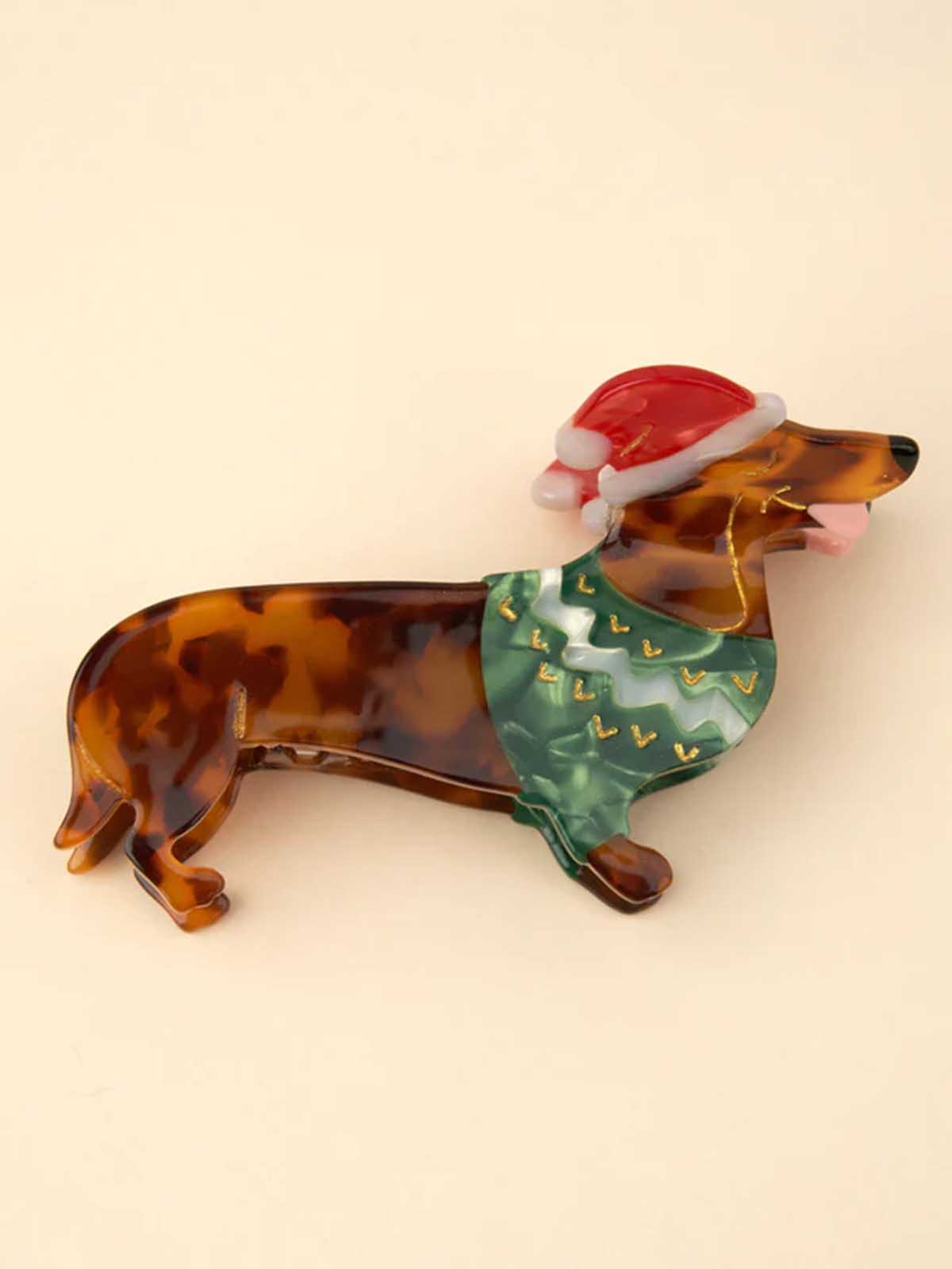 cou cou suzette hair clip spruce dog with green sweater and Santa hat