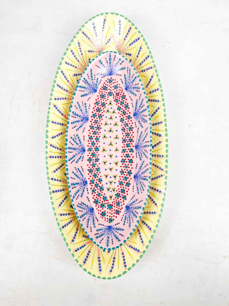 ceramic dish from the potter's work mahaba series in pastel colours with patterns
