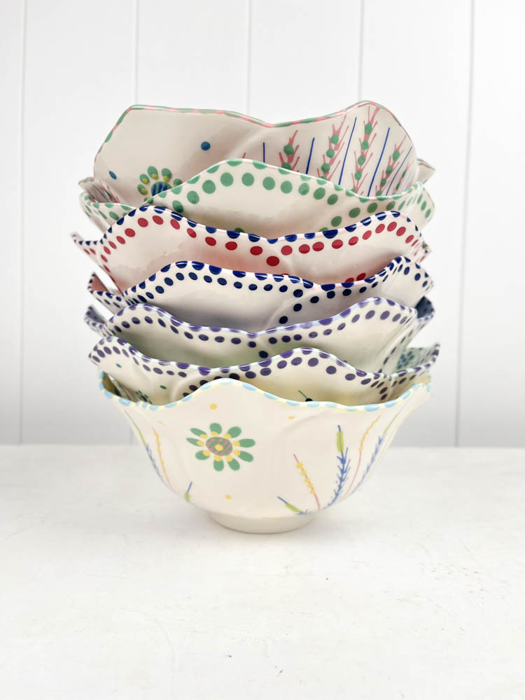 ceramic bowl from the potter's work mahaba series in pastel colours with patterns