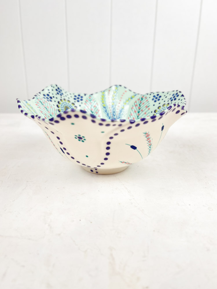 ceramic bowl from the potter's work mahaba series in pastel colours with patterns