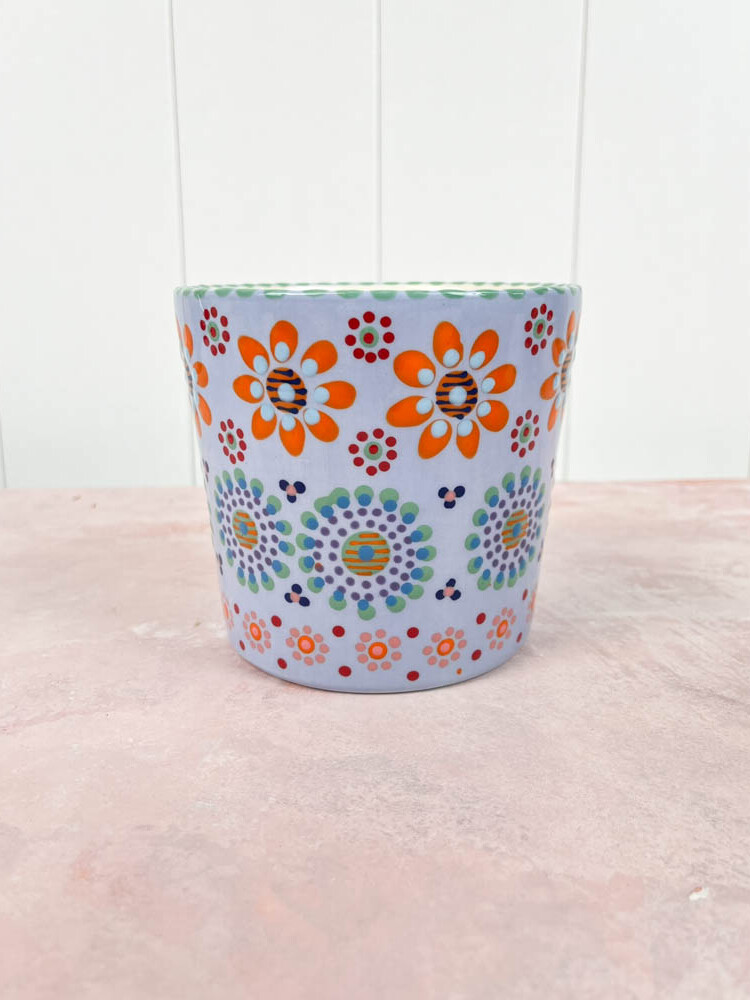 ceramic flower pot from the potter's work mahaba series in pastel colours with patterns