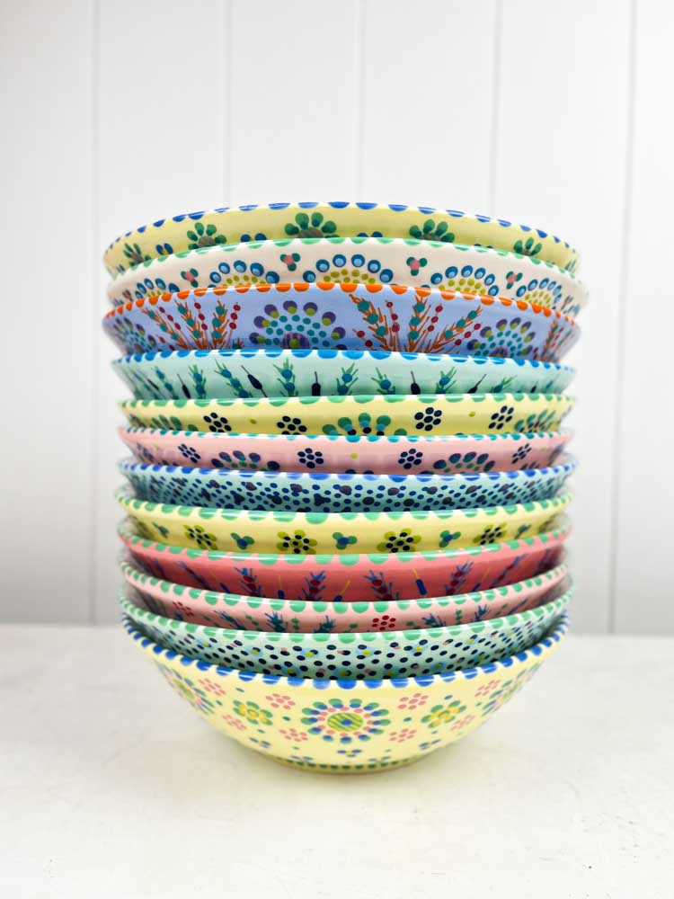 ceramic bowl from the potter's work mahaba series in pastel colours with patterns