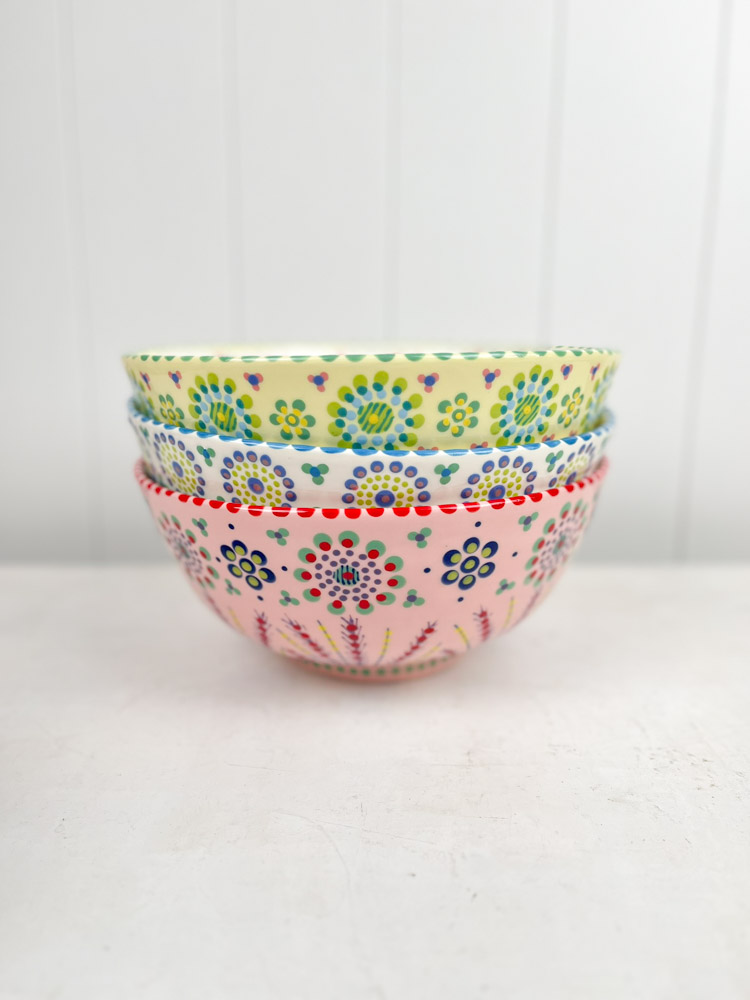 salad bowl from the potter's work mahaba series in pastel colours with patterns