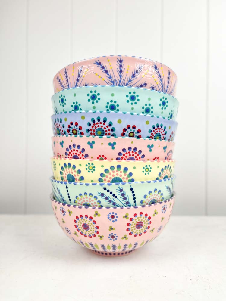 potters work ceramics - the mahaba series from South Africa. hand painted in pastel colors with patterns - large bowl.