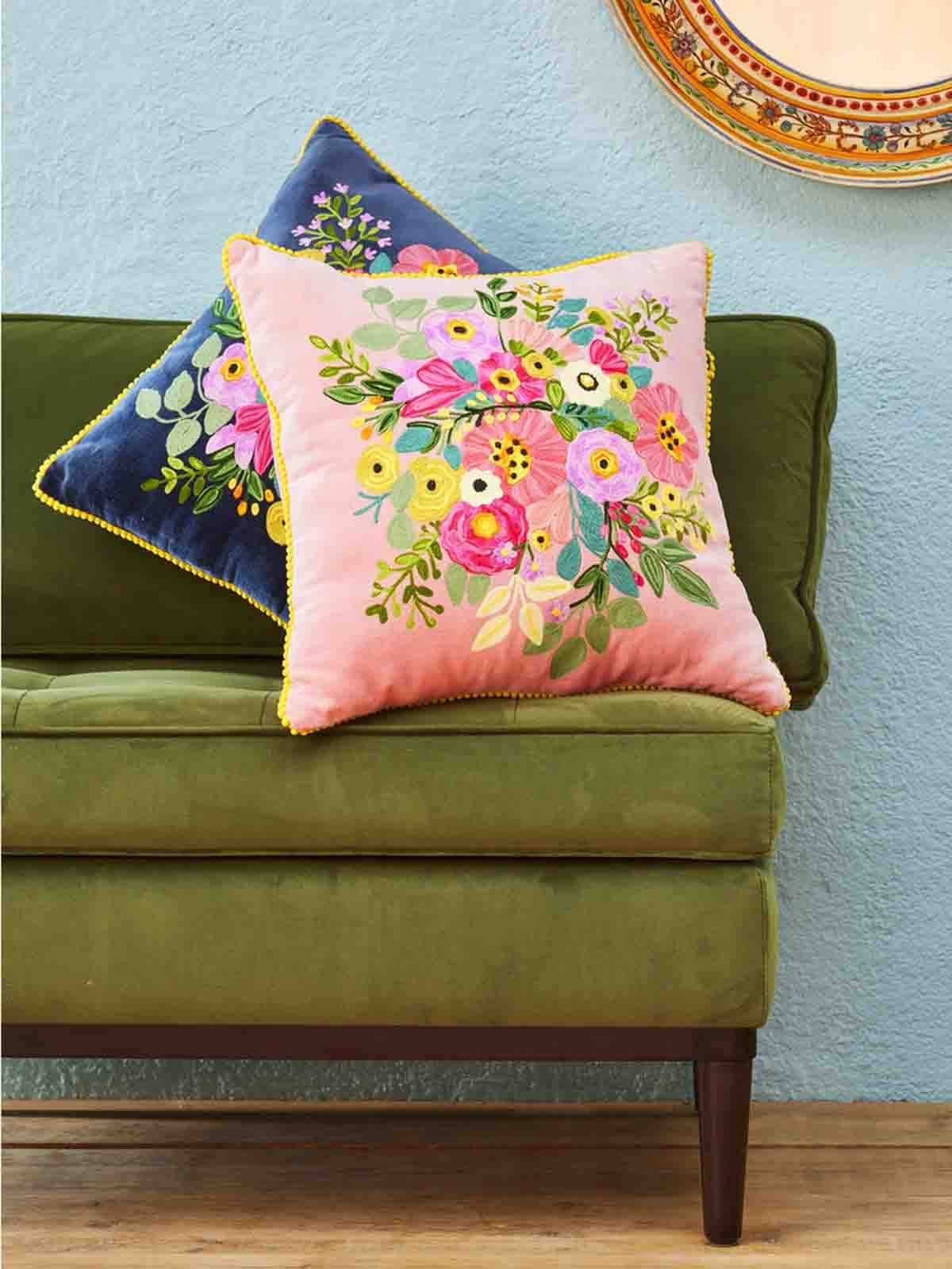 remix by Sofia pillow with embroidery with flowers on pink velvet