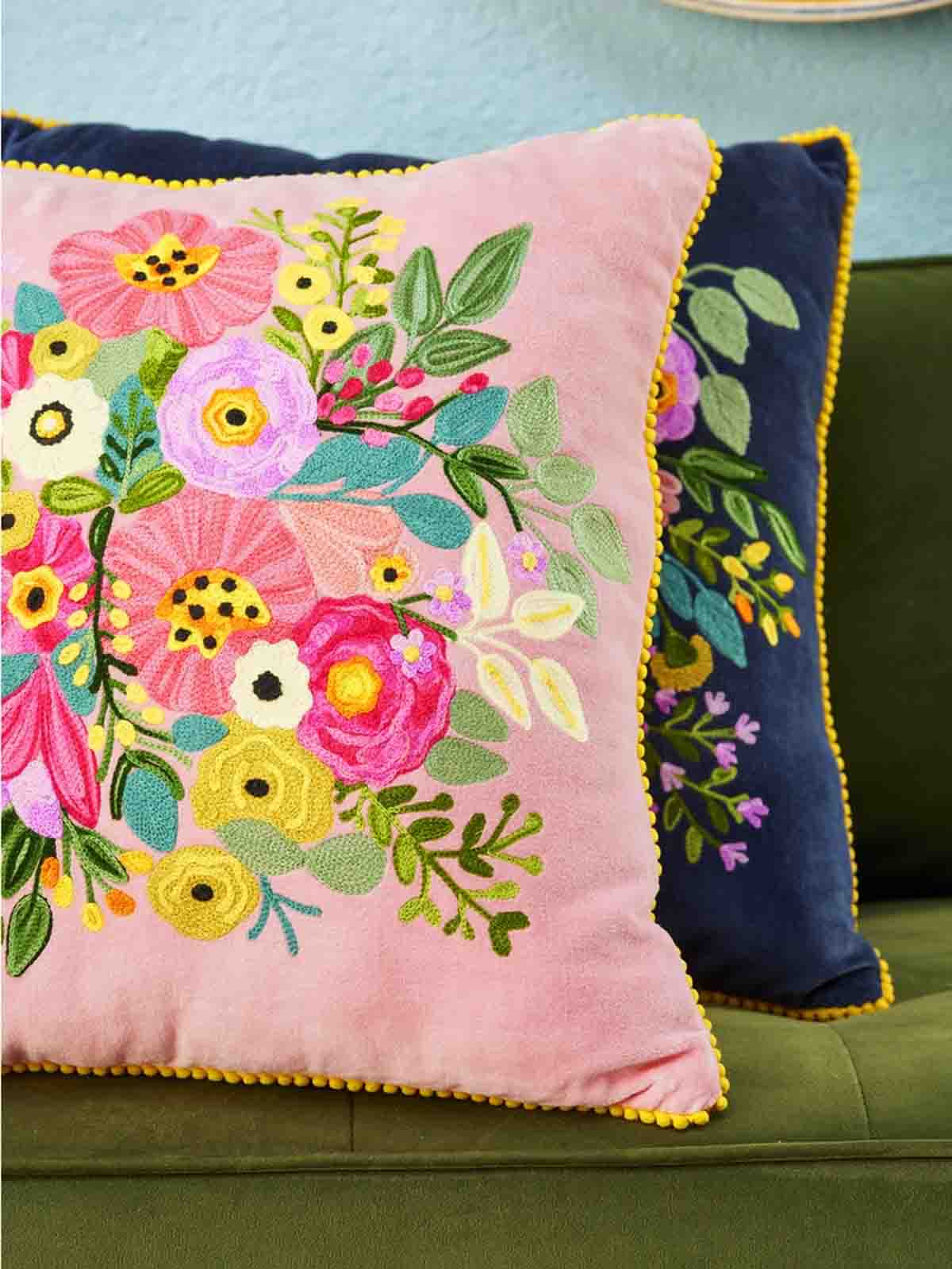 remix by Sofia pillow with embroidery with flowers on pink velvet