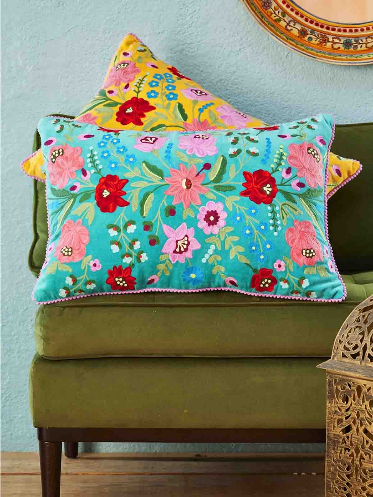 remix by sofie pillow with embroidery with flowers on turquoise velvet
