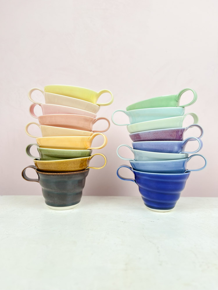 rikke mandelsen ceramic spiral cup with handle in blue, coffee cup in porcelain, remix by Sofia.