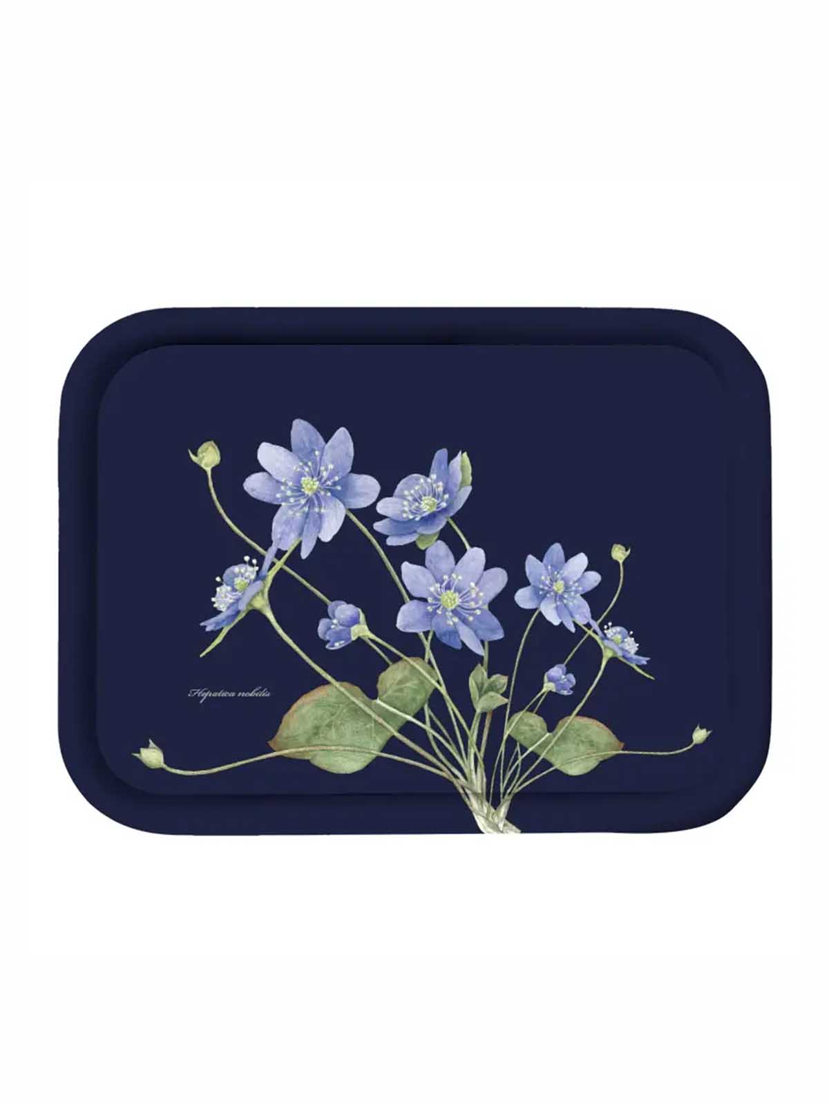 Birch wood tray 27 x 20 cm - Black with blue anemones