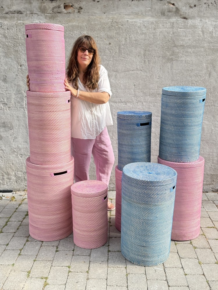 mask endpot baskets with lids in pink and blue in small, medium and large sizes