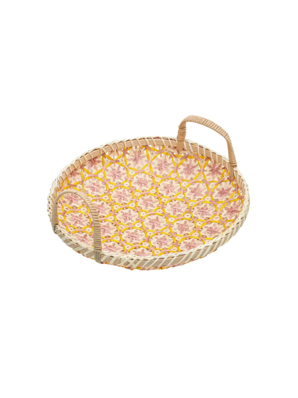 Tray with handle in bamboo 30 cm - Pink and yellow