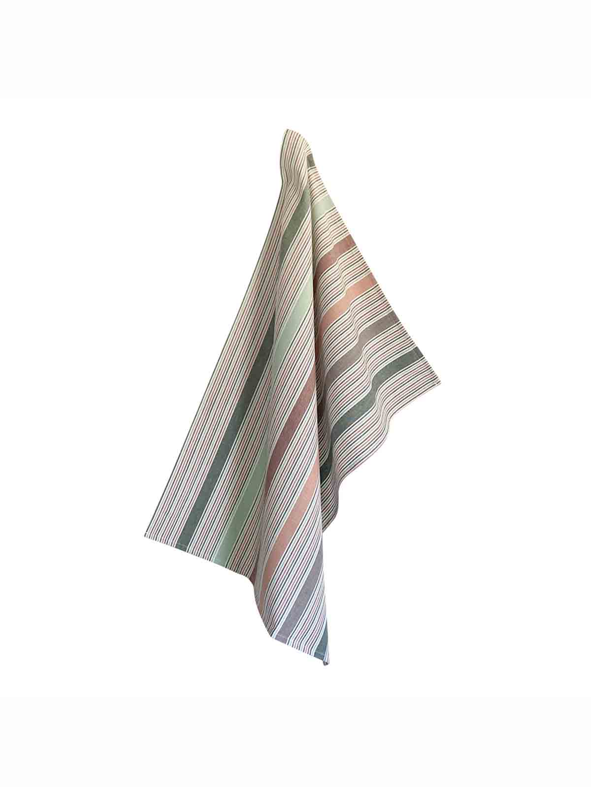 Alternative view of Tea towel in cotton with stripes - Rose/Sage mix