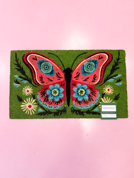 Doormat 45x75 cm - Green with pink butterfly
