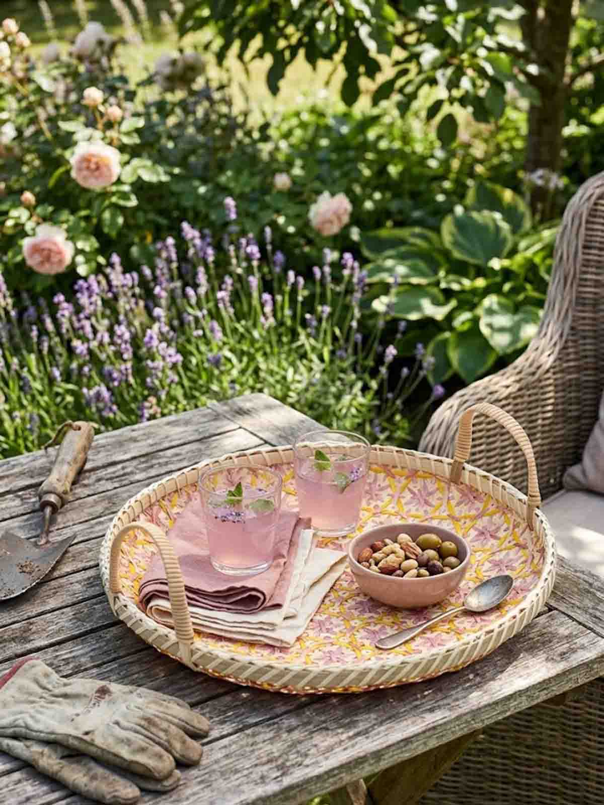 Alternative view of Tray with handle in bamboo 36 cm - Pink and yellow