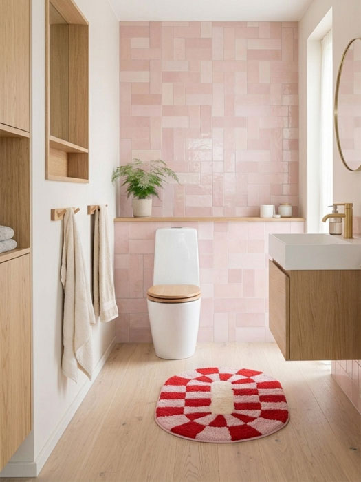 Alternative view of the bath mat - Red, pink and off-white