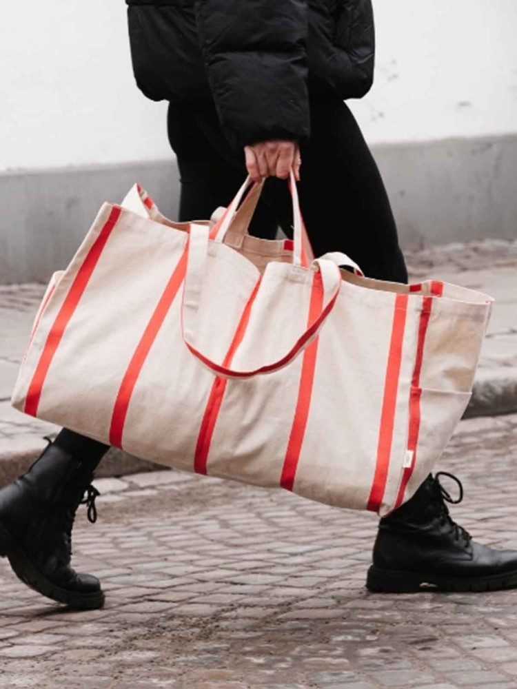 Large canvas bag (62 x 34 cm) - Cream with red stripes - Picture 3
