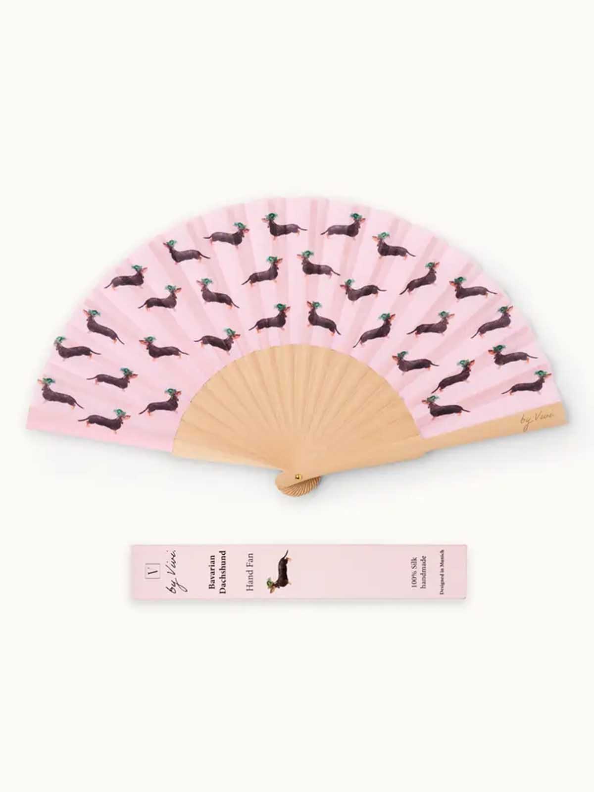Fan in wood and vegan silk – Pink with dachshunds with green hat