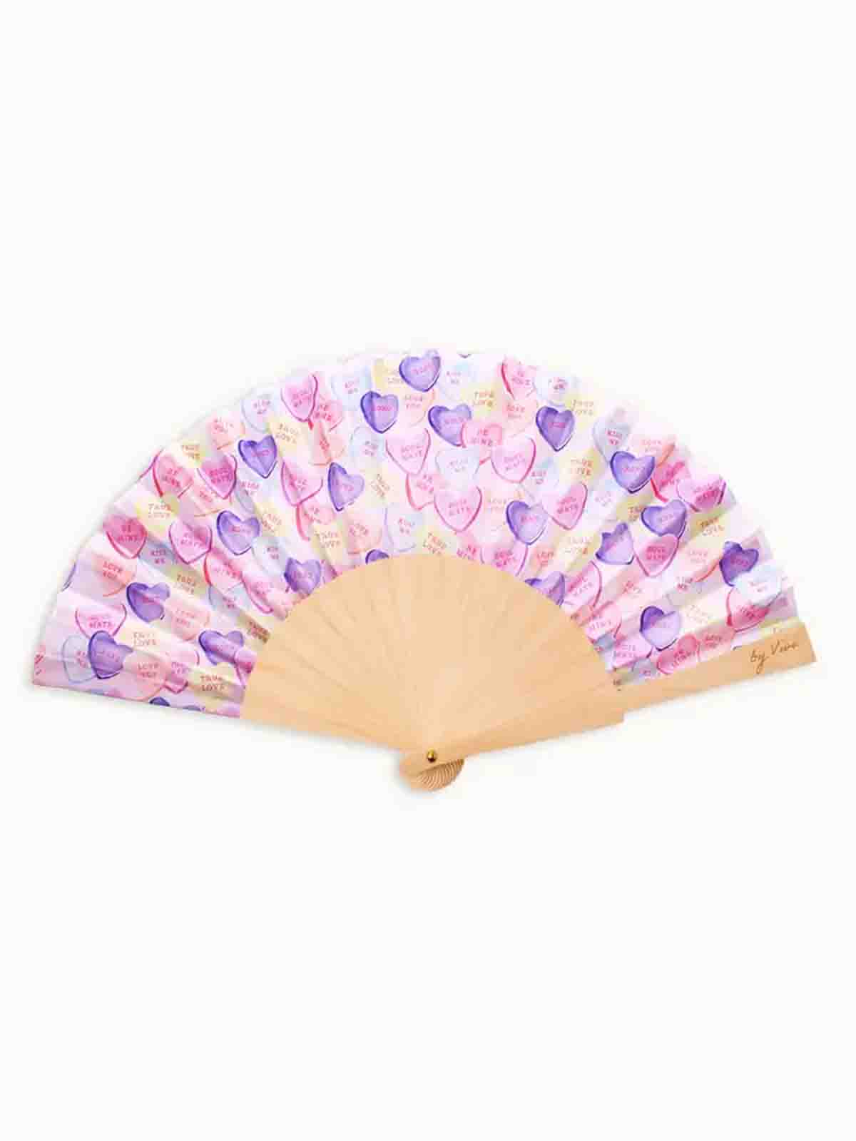 Fan in wood and vegan silk – "Colorful hearts"