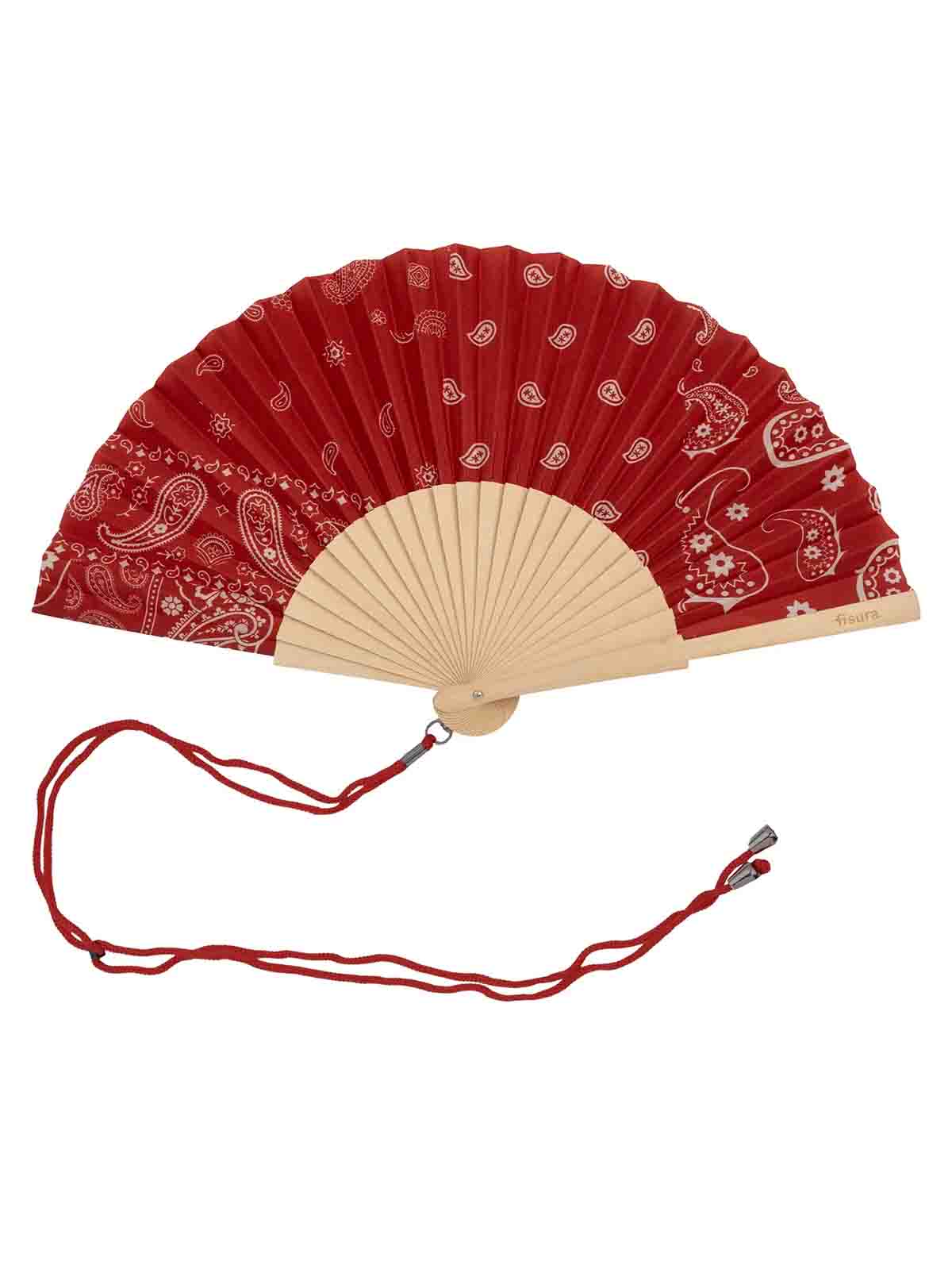 Alternative view of Fan - Red with paisley pattern