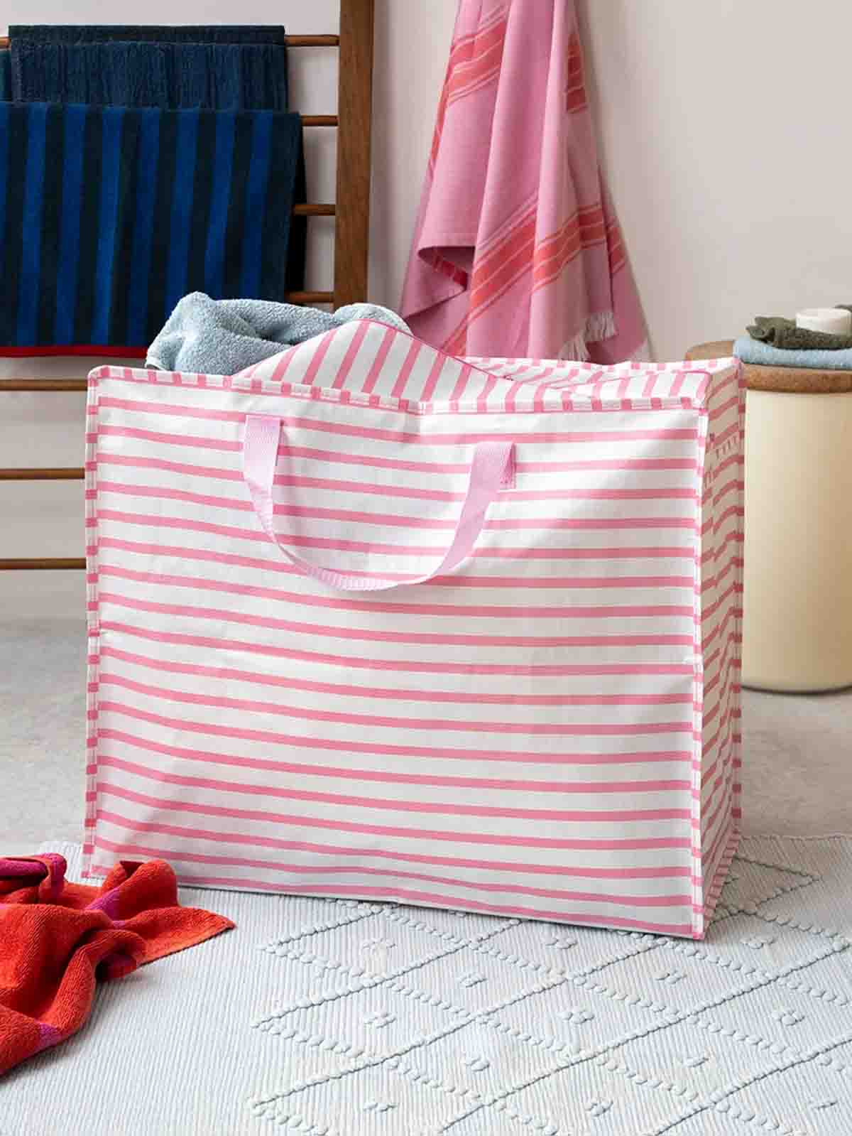 Jumbo storage bag 78 liters - Striped in pink and white