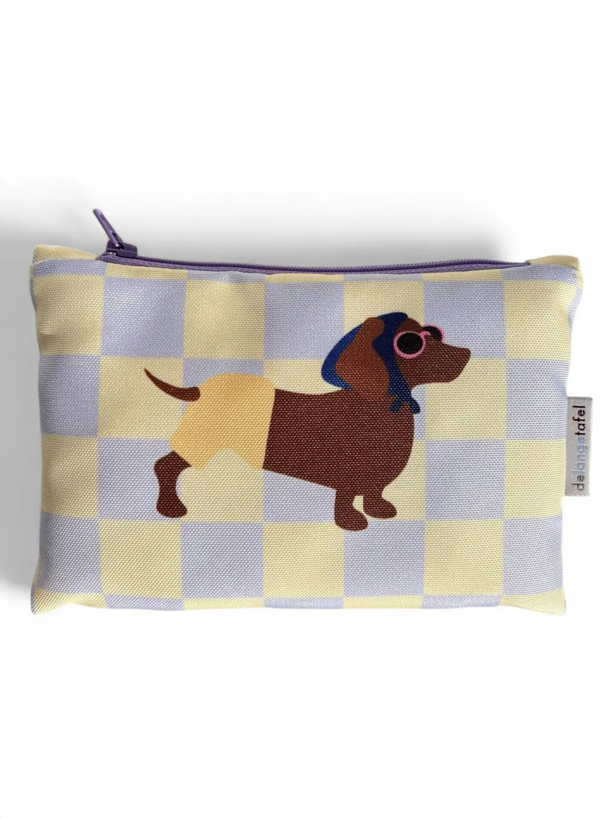 Purse for small items (12 x 17) - Checkered yellow and purple with dachshund