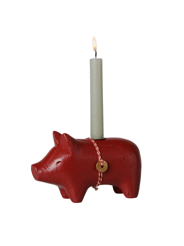 Wooden candlestick - Little pig in red (kertelys)