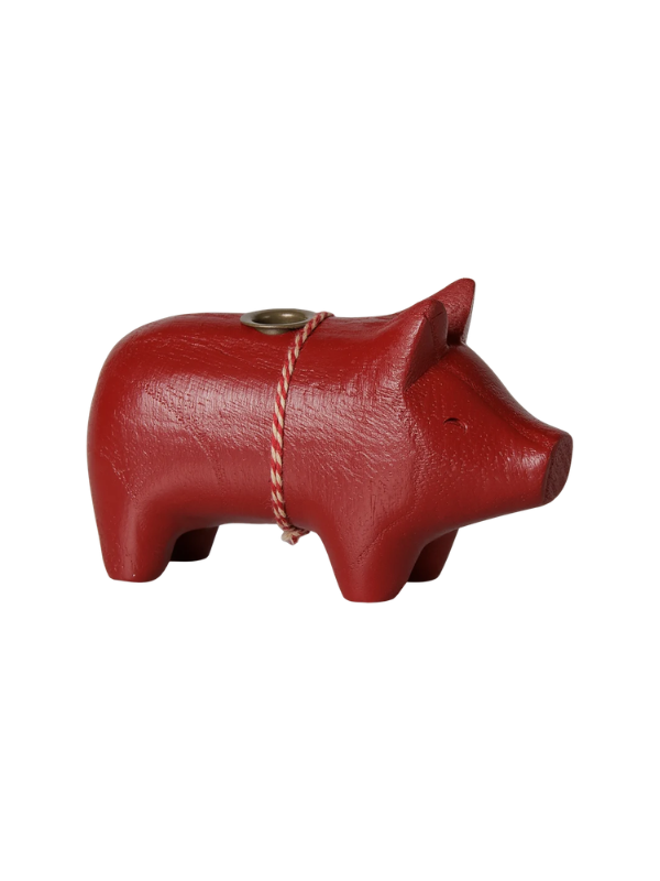 Alternative view of Wooden candlestick - Little pig in red (kertelys)