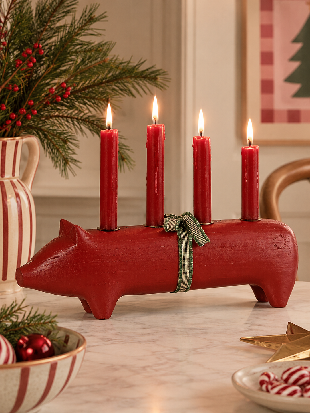 Alternative view of Advent's Candlestick - Big pig in red (Crown candle)