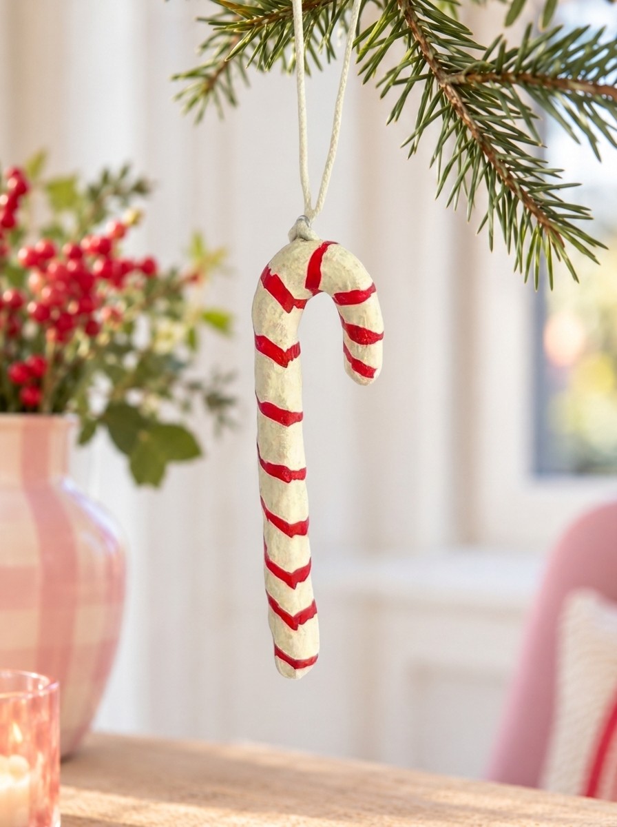 Candy cane in cotton maché – red stripes