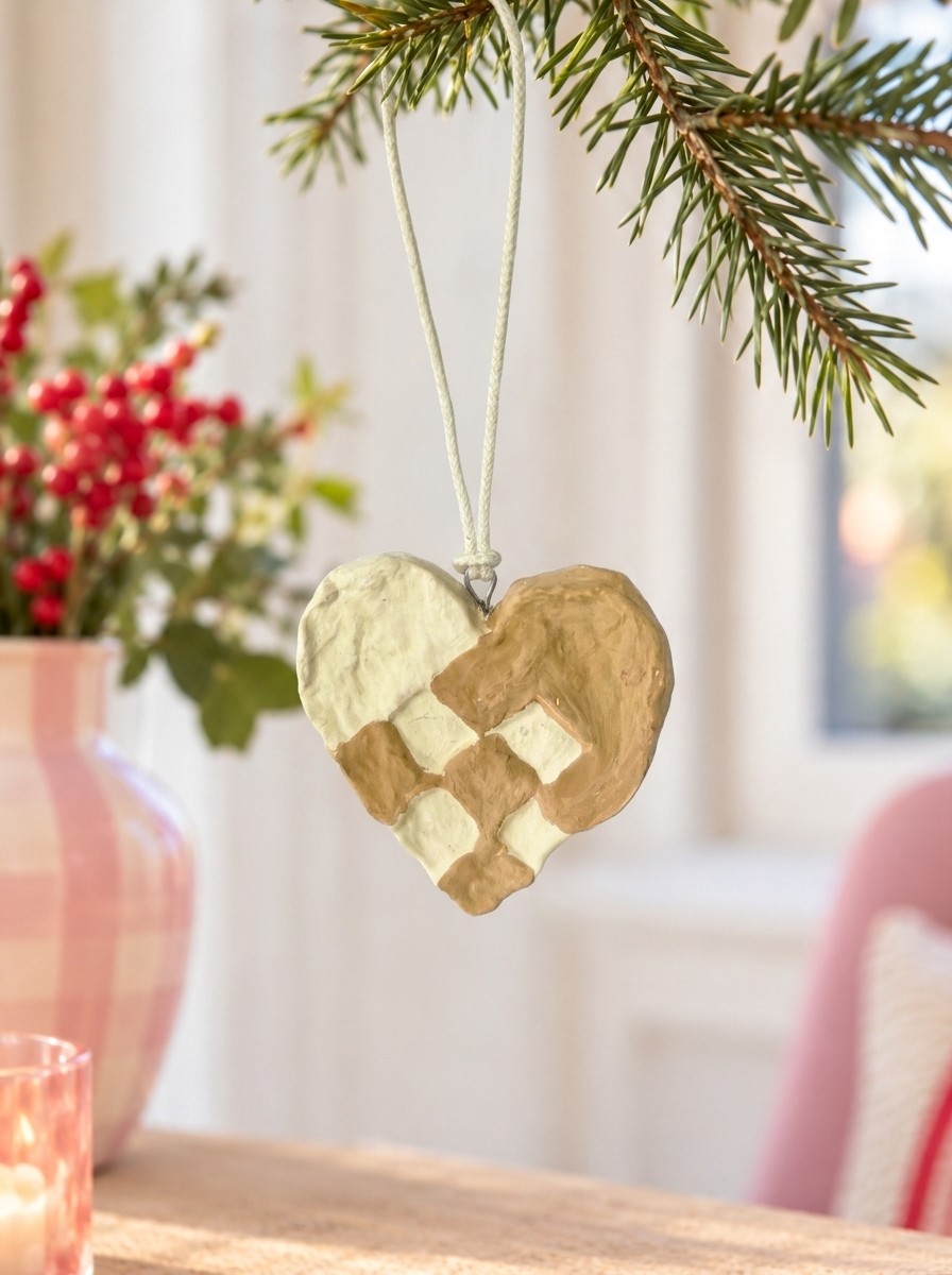 Braided Christmas heart in cotton maché – off-white and gold