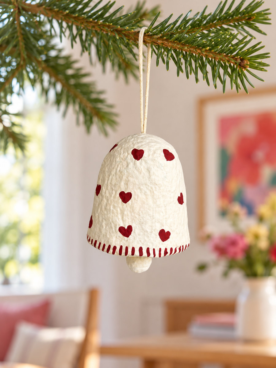 Clock in cotton maché – white with red hearts