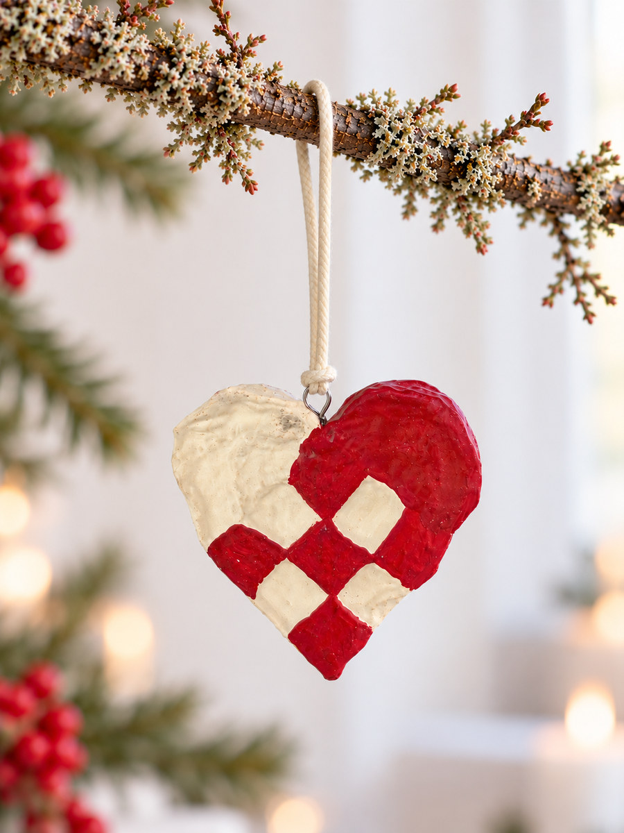 Braided Christmas heart in cotton maché – off-white and red