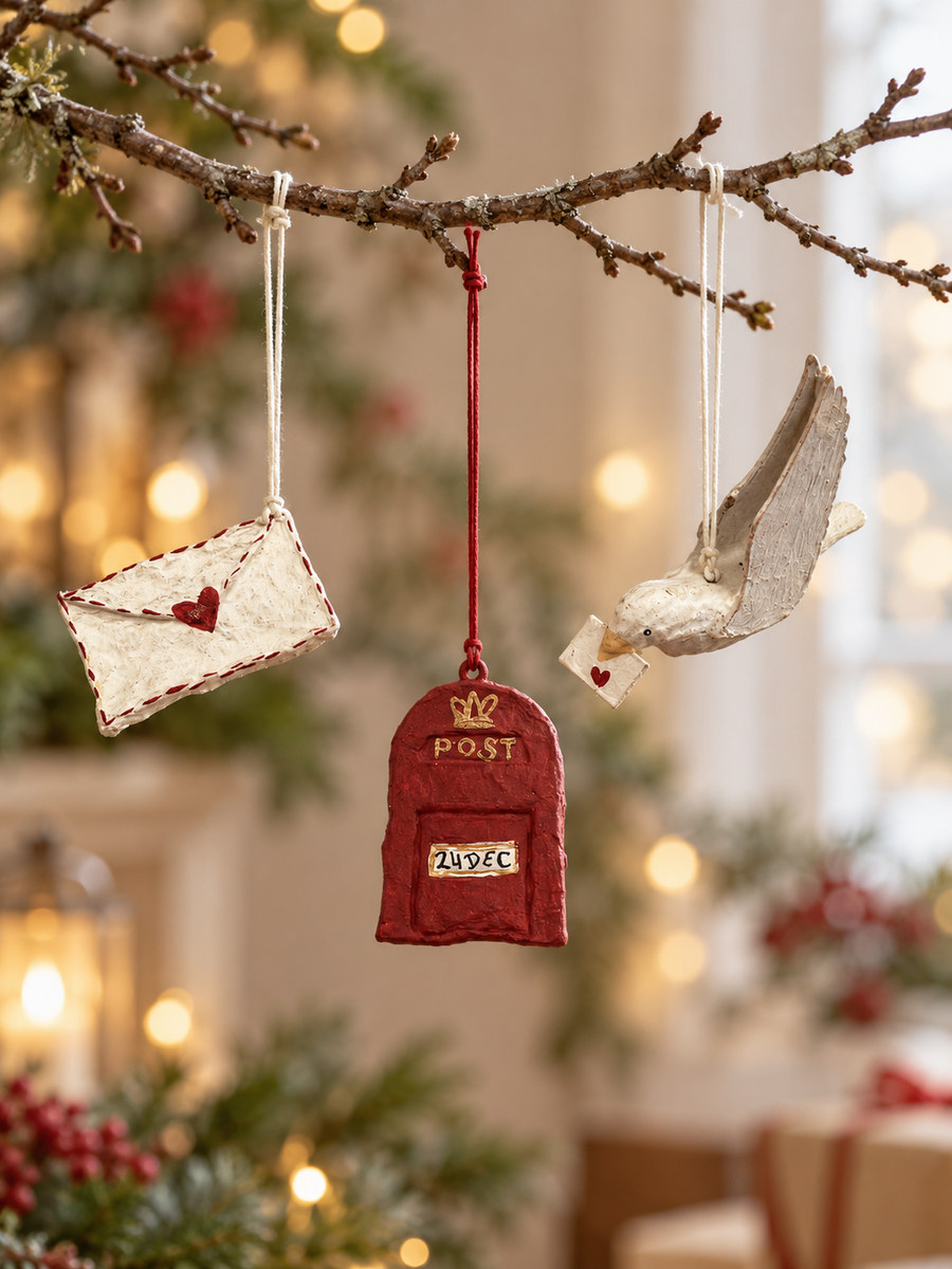 Christmas hanger set in cotton maché – letter, mailbox and pigeon
