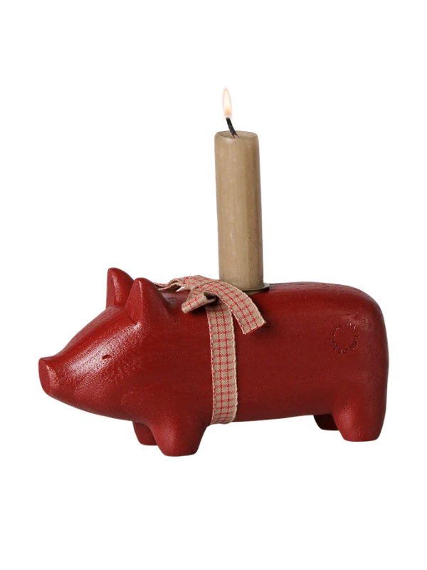 Wooden candlestick - Medium pig in red