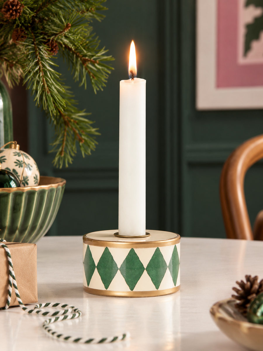 Candlestick drum - Off-white with green harlequin